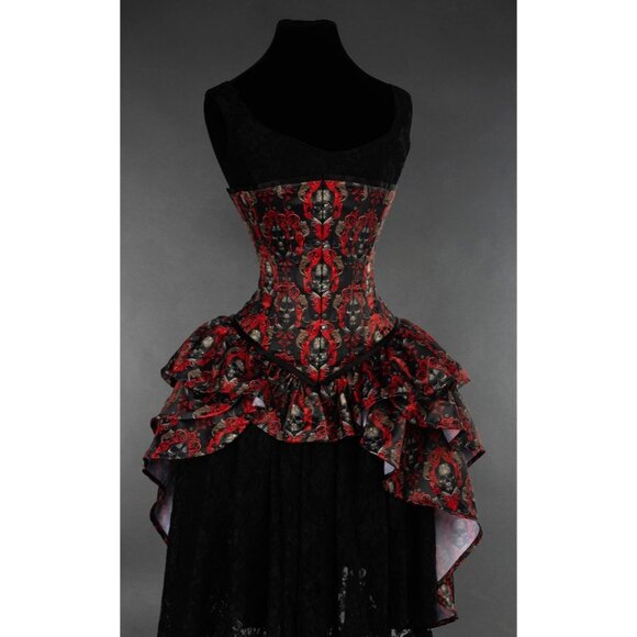 New Victorian Gothic Steampunk Corset Bustle Skirt Red Skull - Picture 1 of 5